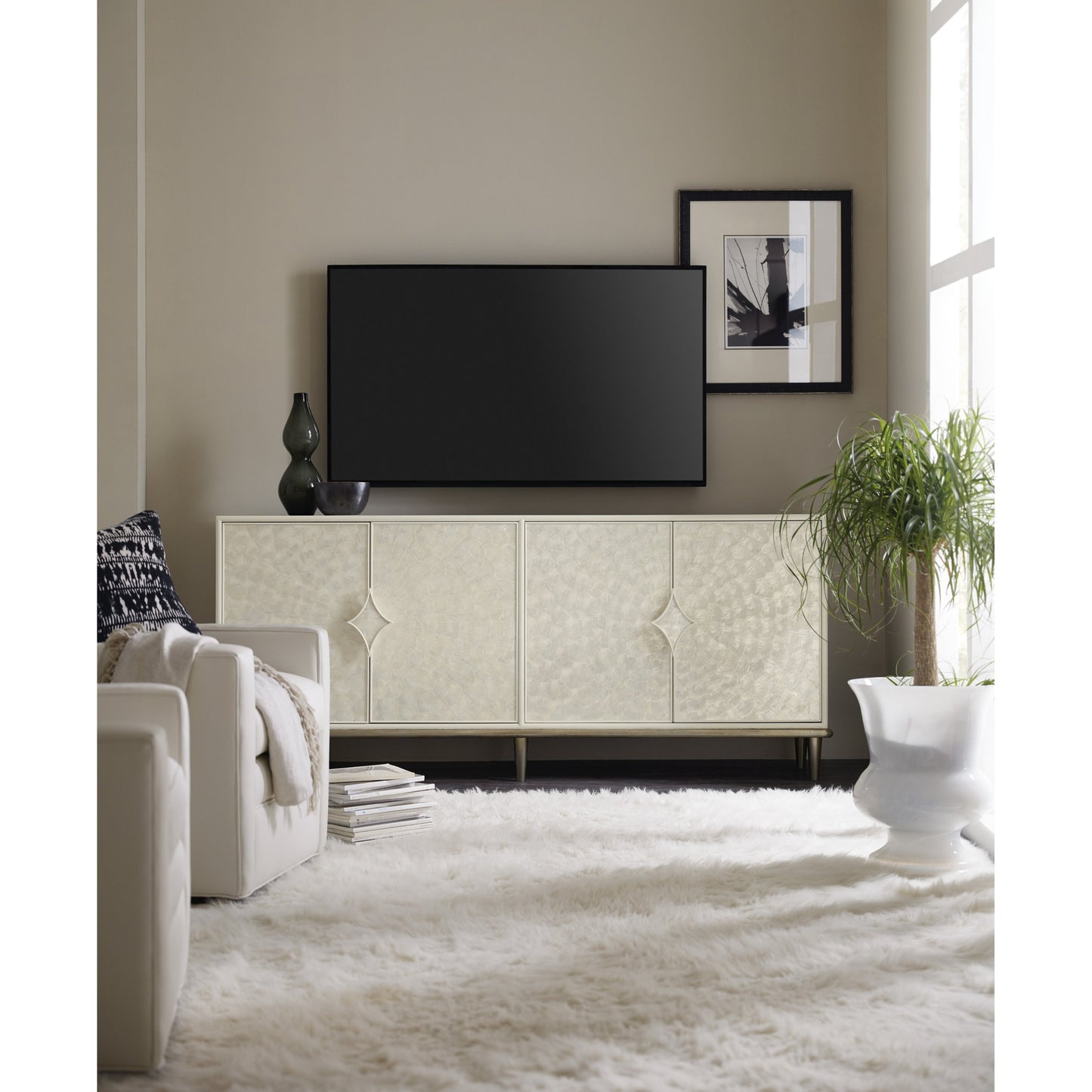 003 SI-1748863 | Lifestyle | White Entertainment Console by Hooker Furniture in cream. Made from hardwoods, shell, metal in a transitional style.