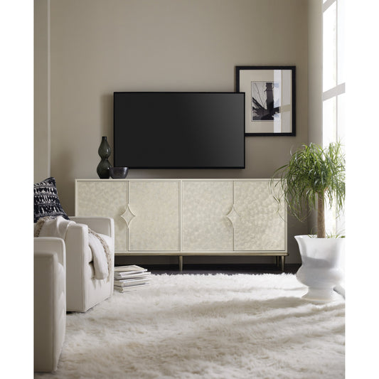 White Entertainment Console by Hooker Furniture in cream. Made from hardwoods, shell, metal in a transitional style.