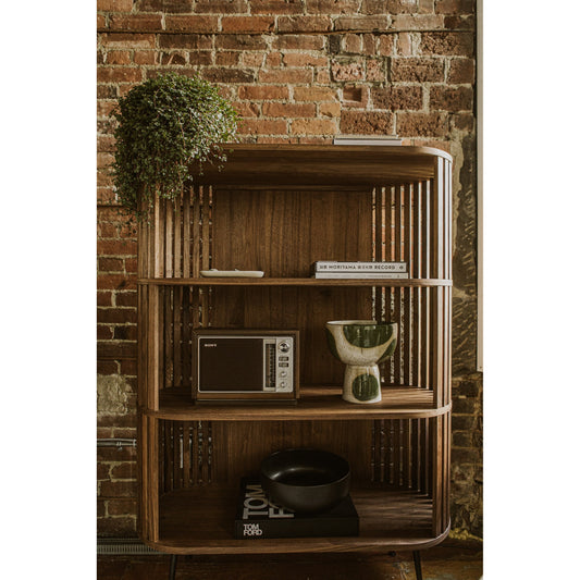Henrich Bookshelf by Moe's Home Collection in oil. Made from solid wanut, walnut veneer shelves, steel legs in a modern style.