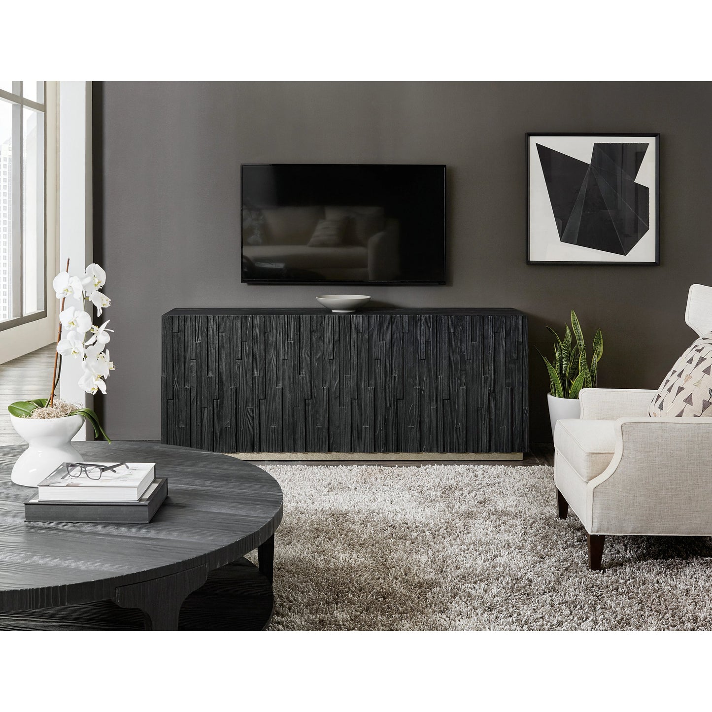 004 SI-1959578 | Lifestyle | Chapman Shou Sugi Ban Entertainment Console by Hooker Furniture in charred black. Made from pine veneers in a modern style.