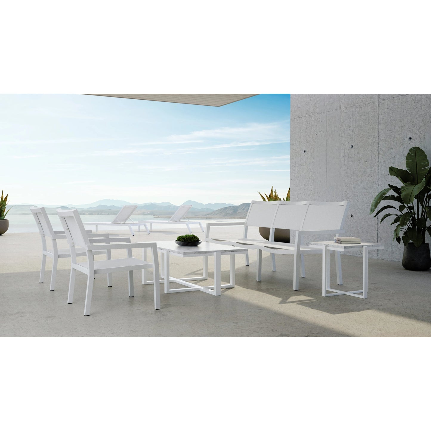 006 SI-2166660 | Lifestyle | Naples Outdoor Stackable Sling Club Chair by Sunset West in white. Made from aluminum in a modern style.