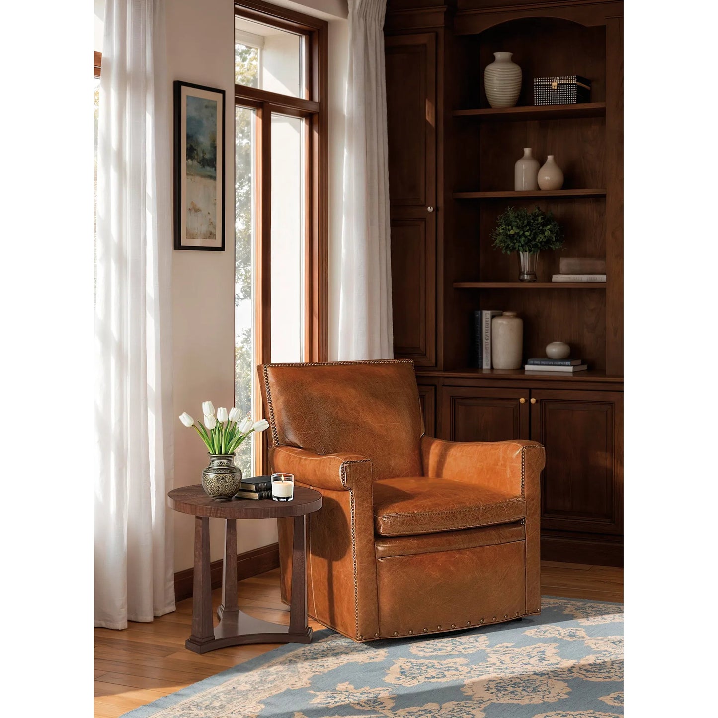 007 SI-2353925 | Lifestyle | Archives Round End Table by Hooker Furniture in dark wood and classic walnut. Made from figured quartered walnut veneer in a transitional style.