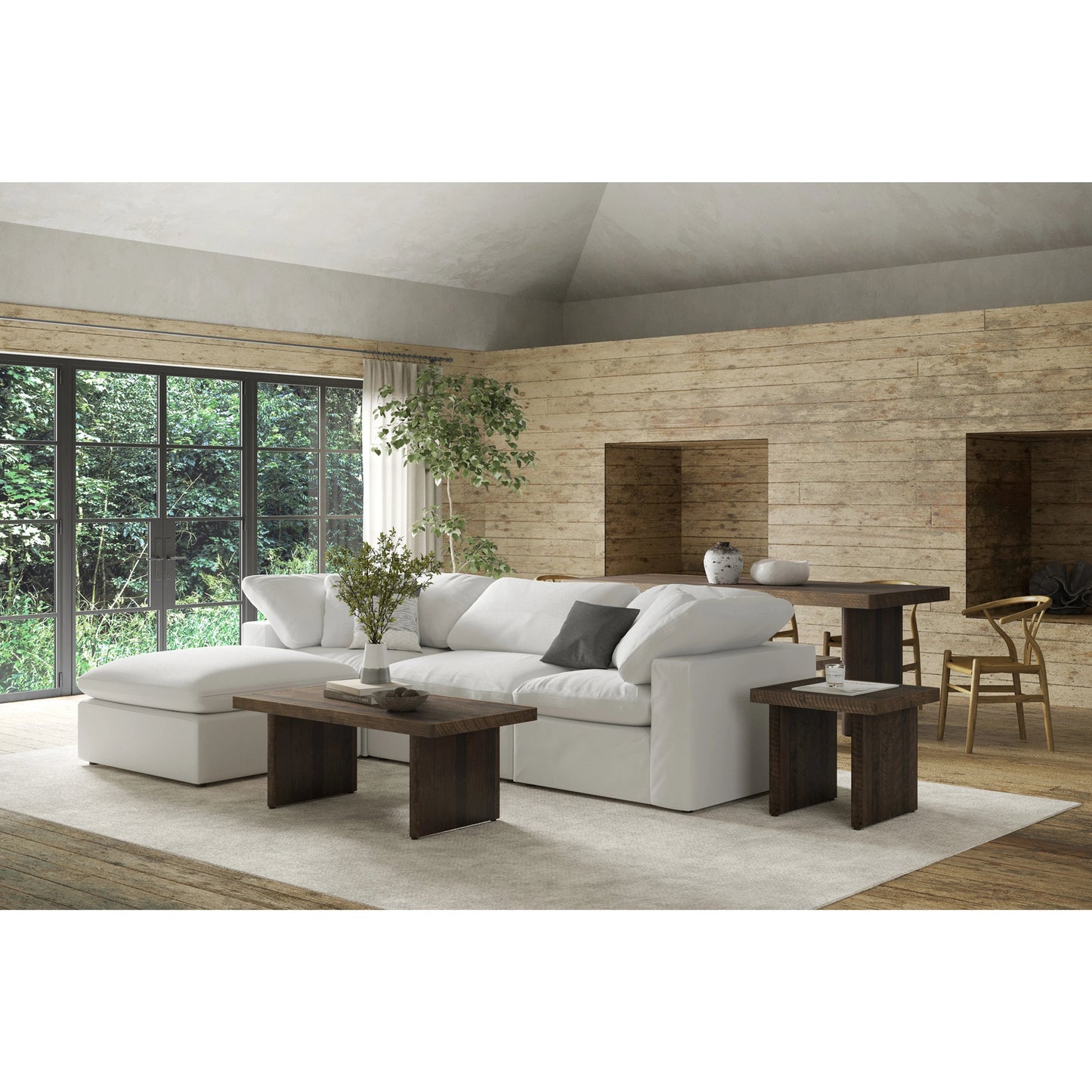 012 SR-779071 | Lifestyle | Terra Condo Ottoman by Moe's Home Collection. Made from fabric: 98% polyester, 2% nylon, plywood frame, 50% feather, fibre blend channeled in a modern style.