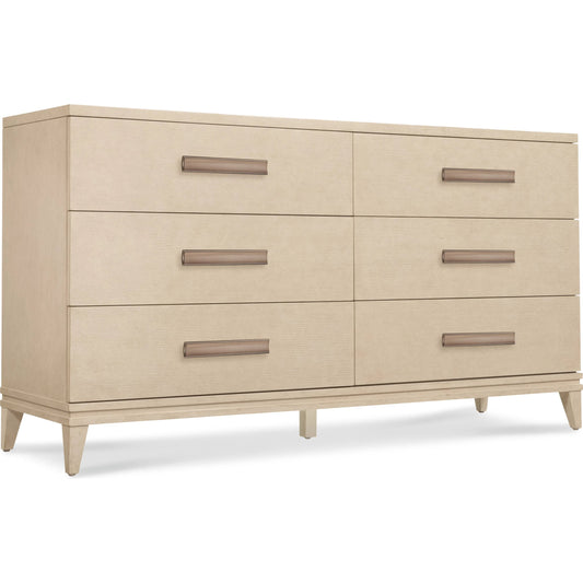 001 SI-2353970 | Primary Silo | Westwood Six-Drawer Dresser by Hooker Furniture in light wood and polished limestone. Made from oak veneers in a transitional style.