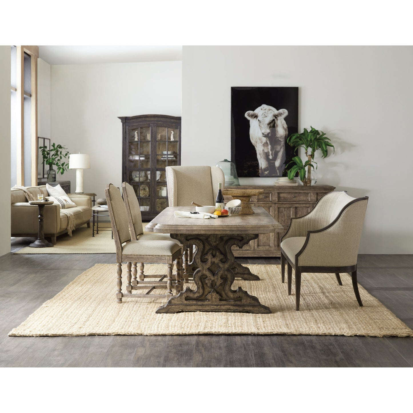 006 SI-1749053 | Lifestyle | La Grange Le Vieux Double Pedestal Table by Hooker Furniture in flemish, barn wood. Made from pecky hickory veneer, resin, solid-wood edge top in a traditional style.
