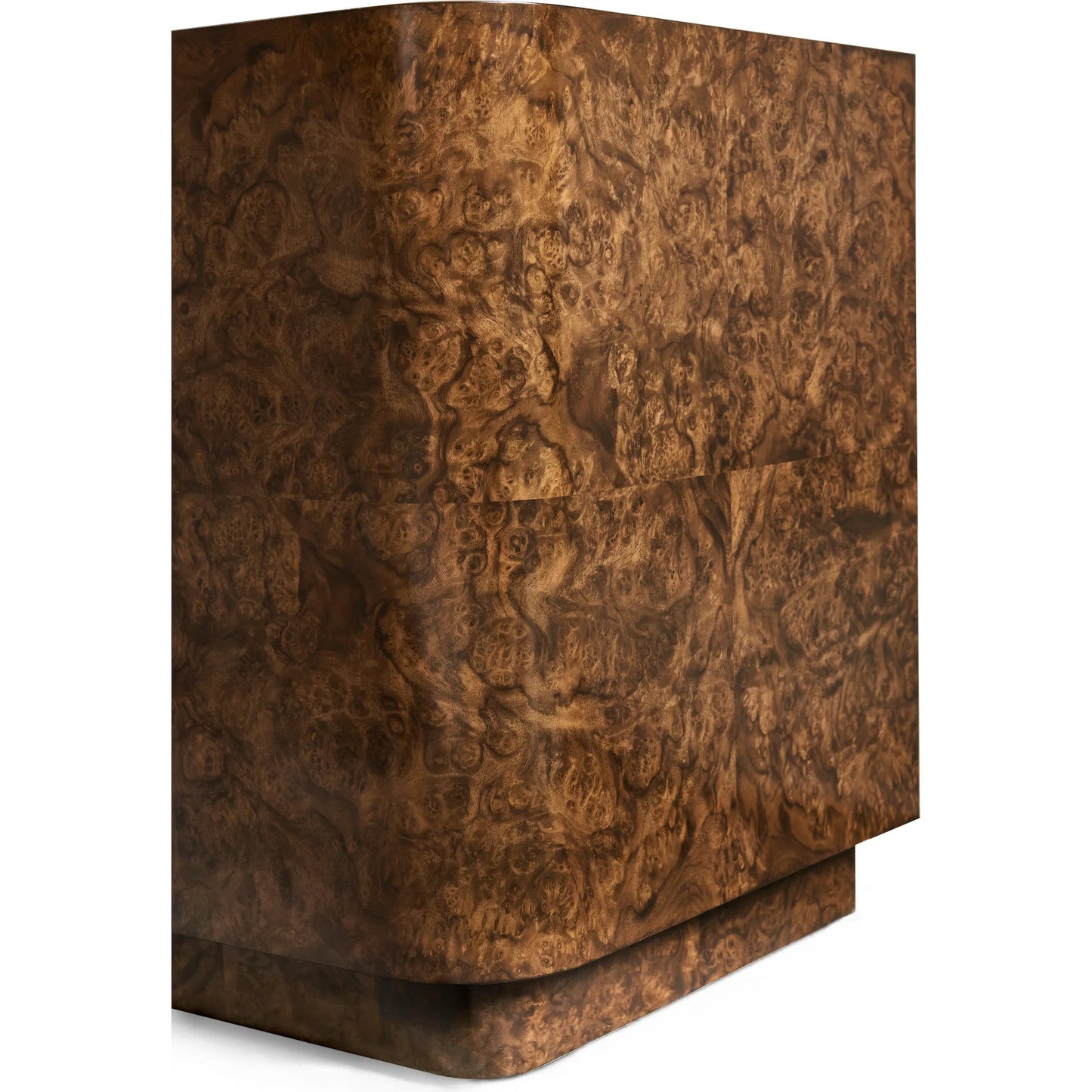 007 SI-2334499 | Closeup | Jacques Radius End Table by Jonathan Charles in brown and walnut burl. Made from book match walnut burl veneer in a unique style.