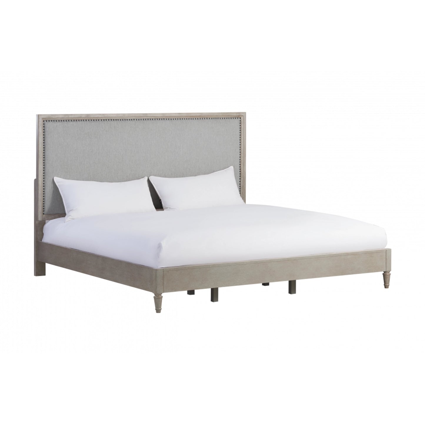 001 SI-2130655,SI-2130656 | Primary Silo | Zest Upholstered Bed with Nailhead Trim by Zest in greige. Made from rubberwood, oak veneer, fabric in a modern style.