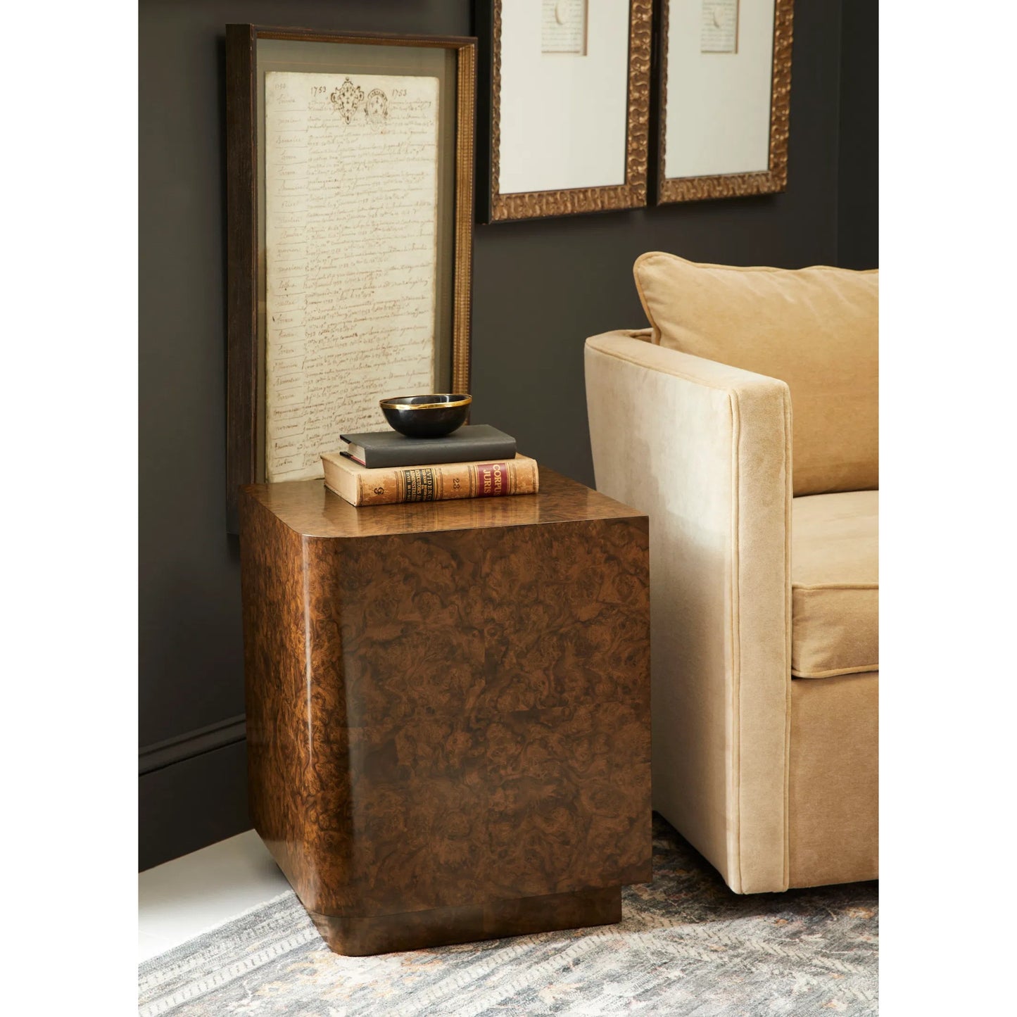 008 SI-2334499 | Lifestyle | Jacques Radius End Table by Jonathan Charles in brown and walnut burl. Made from book match walnut burl veneer in a unique style.