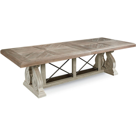 Arch Salvage Pearce Dining Table by A.R.T. Furniture in white and parch. Made from parrawood solids, cathedral elm veneers in a traditional style.