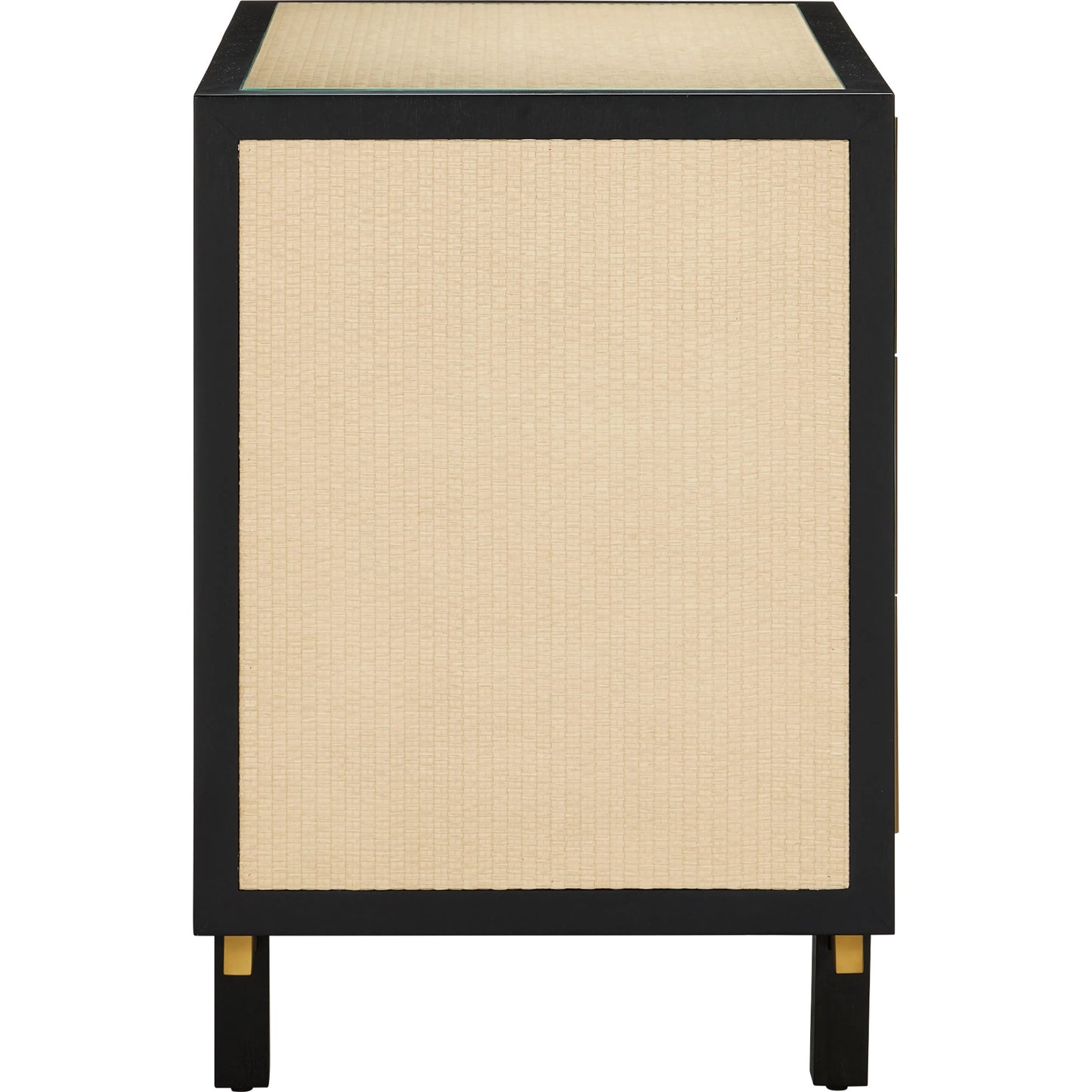 006 SI-2191701 | Additional Silo | Deanna Raffia Nightstand by Currey and Company in ivory, black, brushed brass, natural, dusty blue, clear. Made from raffia, okume veneer, stainless steel, sycamore veneer, tempered glass in a modern style.