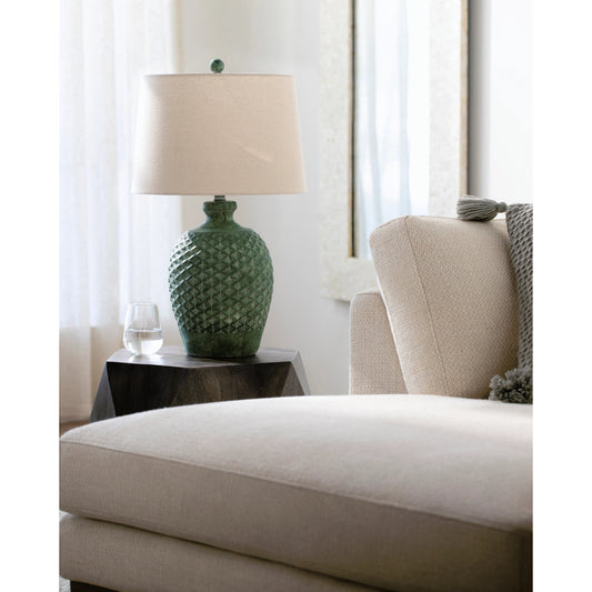 Yosemite Table Lamp by Surya in wheat, green, dark green, translucent, metallic nickel, beige and hand painted. Made from body: cement, shade (outside): linen, shade (inside): metal, finial: resin in a modern style.