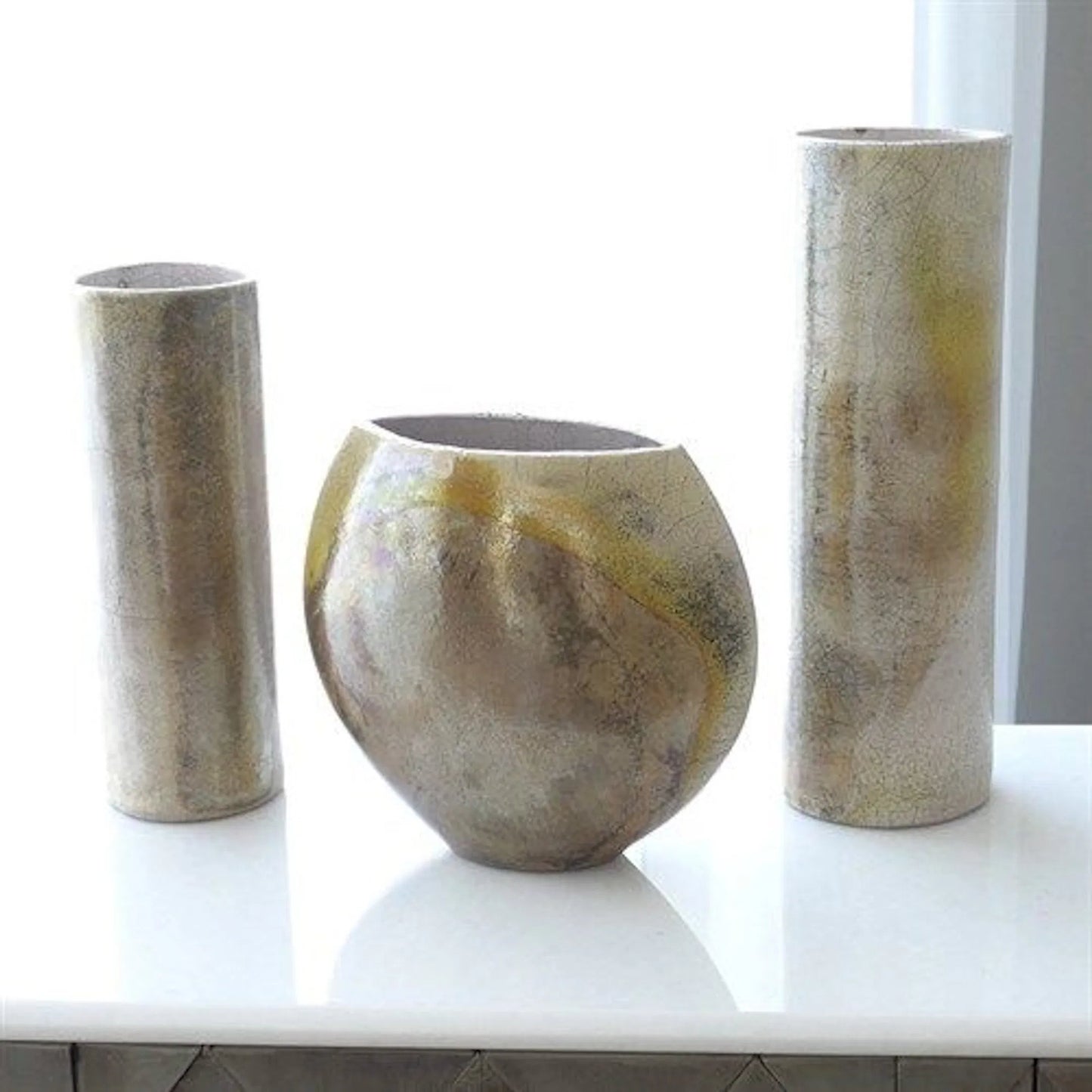 007 SR-892092 | Unknown | Golden Raku Flat Round Vase by Global Views. Made from ceramic raku in a eclectic & global style.