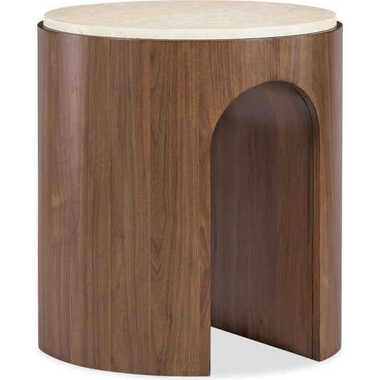 Eleana Round End Table by Hooker Furniture in light caramel, quartered walnut veneers, marble. Made from walnut veneers, marble in a modern style.