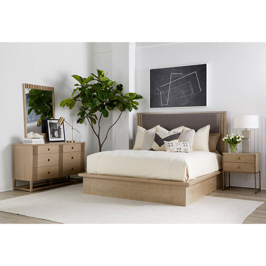 North Side Panel Bed by A.R.T. Furniture in shale. Made from parrawood solids, quarter figured/fiddle ash veneer, foam, fabric in a modern style.