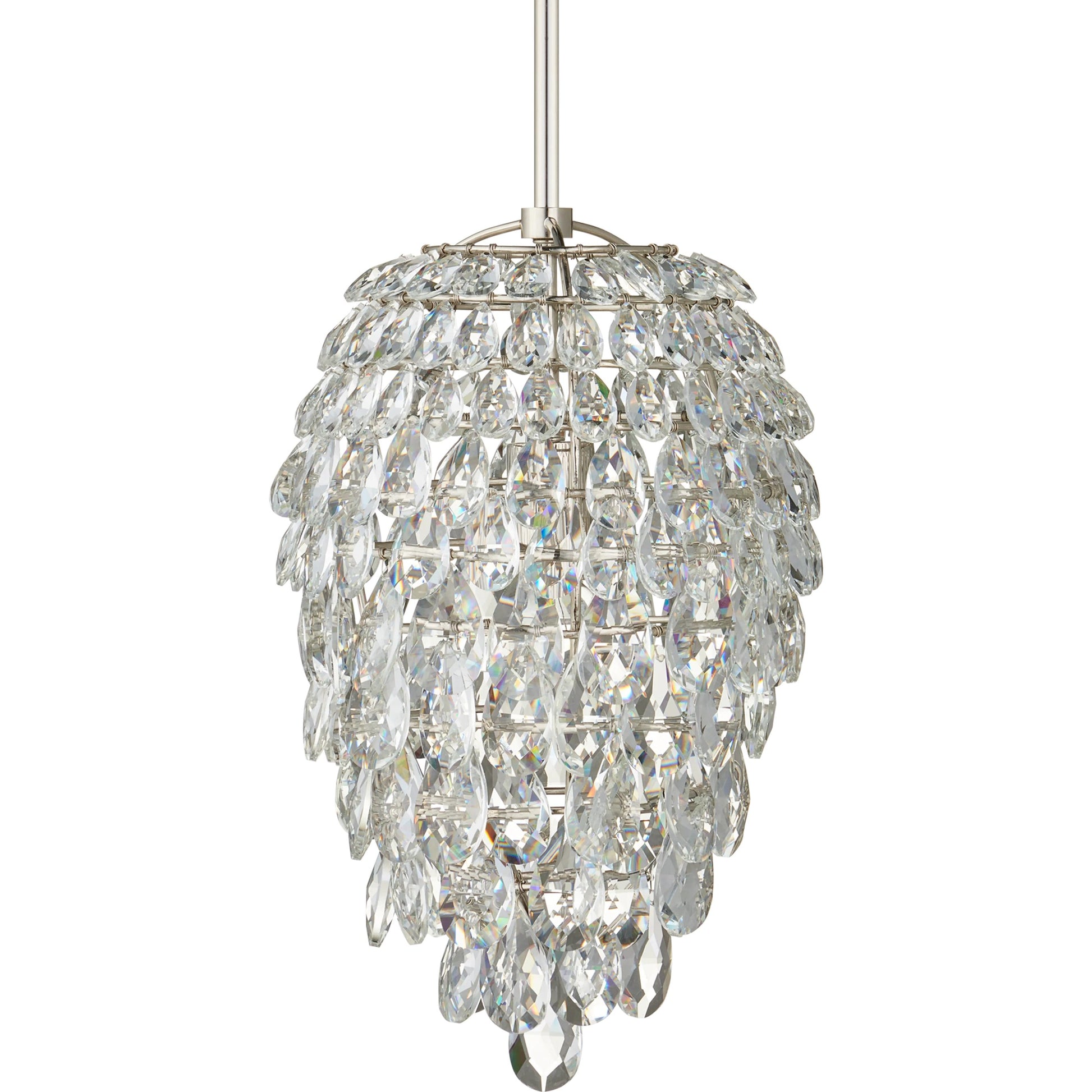 Aisling Pendant by Currey and Company in polished nickel. Made from optical crystal, metal in a transitional style.