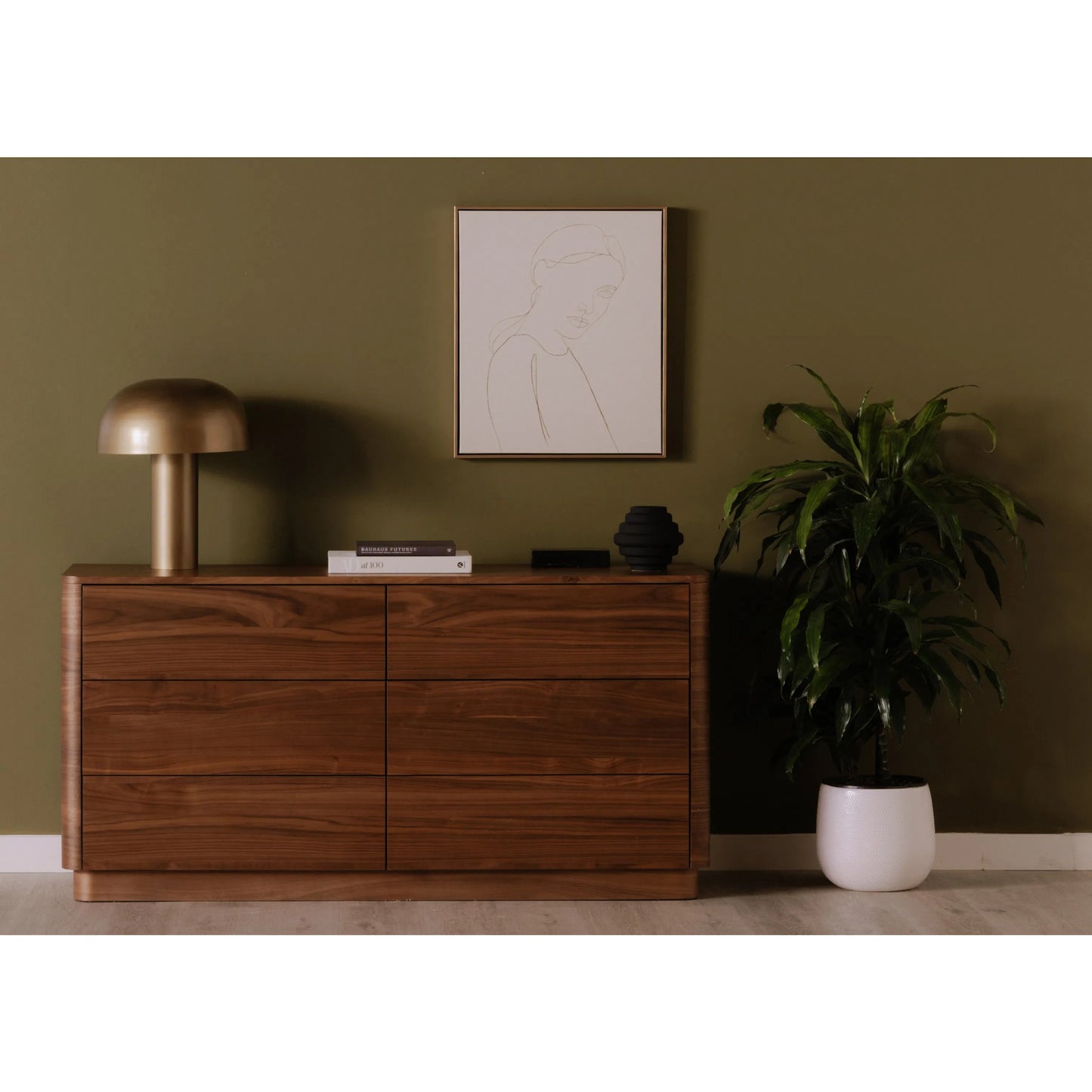 004 SI-2253994 | Lifestyle | Round Off Dresser by Moe's Home Collection in natural walnut. Made from walnut veneer, mdf, rubberwood base in a transitional style.