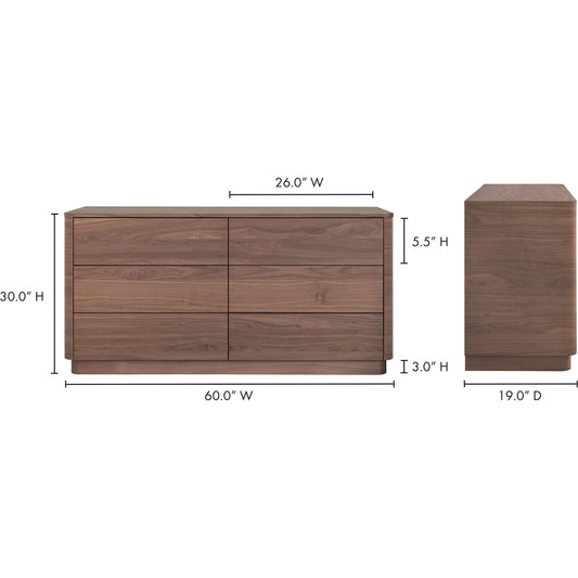 Round Off Dresser by Moe's Home Collection in natural walnut. Made from walnut veneer, mdf, rubberwood base in a transitional style.
