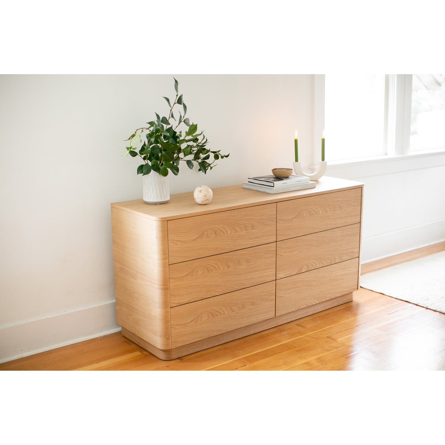 004 SI-1771822 | Lifestyle | Round Off Dresser Oak by Moe's Home Collection in brown. Made from walnut, oak veneer, mdf in a transitional style.