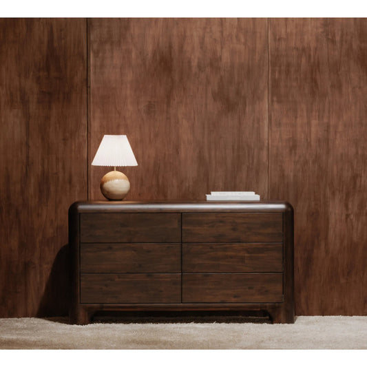 Rowan 6 Drawer Dresser by Moe's Home Collection in walnut. Made from solid acacia, acacia veneer over mdf back, drawer frame in a traditional style.