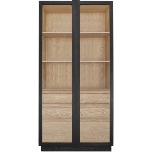 Charlotte Cabinet by Moe's Home Collection in black ash, natural ash, oak. Made from solid ash door frame, drawer handle, ash veneer over mdf body, oak veneer shelf, inner drawer, rubber wood base, 5mm tempered glass in a mo
