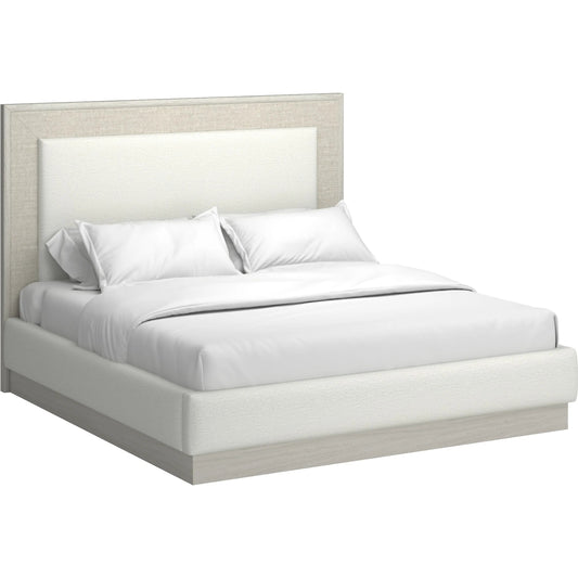 Cotiere Upholstered Panel Bed by A.R.T. Furniture in beige, off-white and linen. Made from parawood solids, mixed split cathedral, quarter white oak veneers, fabric in a transitional style.