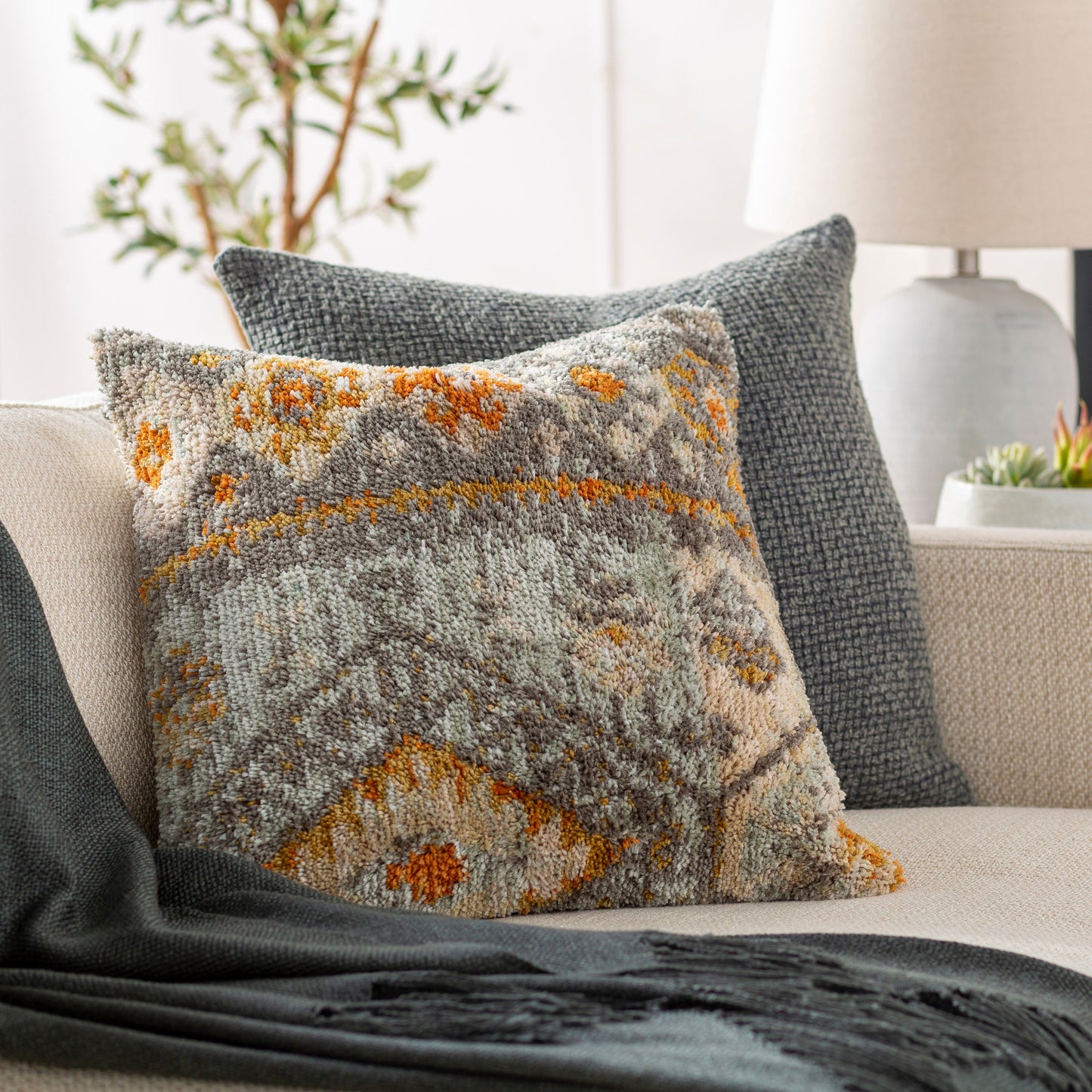 002 S-346952,S-346953 | Lifestyle | Yuri Pillow - 32300 by Surya in medium gray, sea foam, khaki, light gray, wheat, burnt orange. Made from 100% polyester, 100% linen in a eclectic & global style.