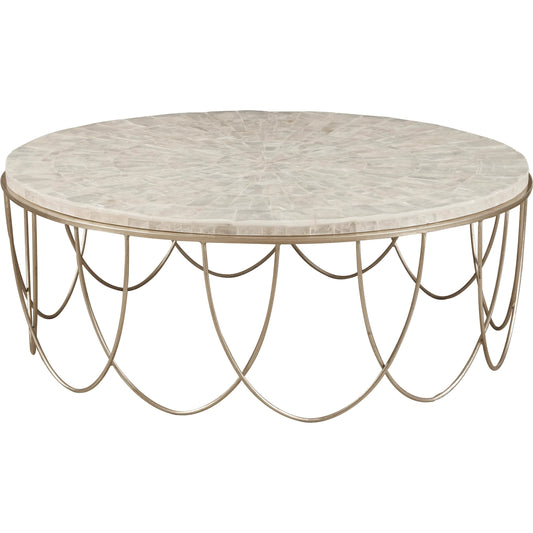 Round Stone Top Cocktail Table with Decorative Metal Base by Pulaski Furniture in gold. Made from stone in a modern style.