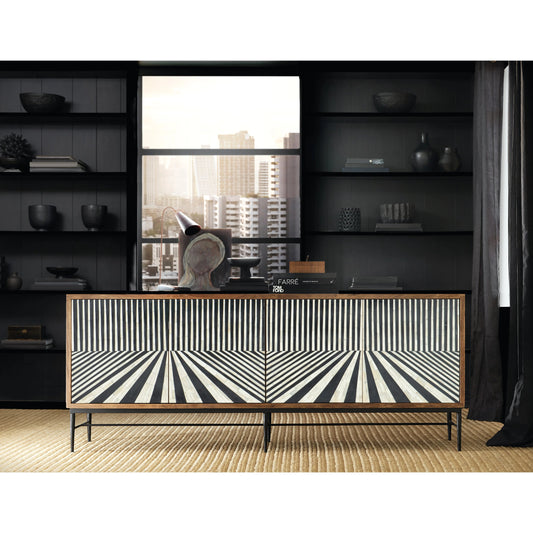 Commerce and Market Linear Perspective Credenza by Hooker Furniture in medium wood, black & white bone inlay. Made from mango solids, bone, iron in a modern style.