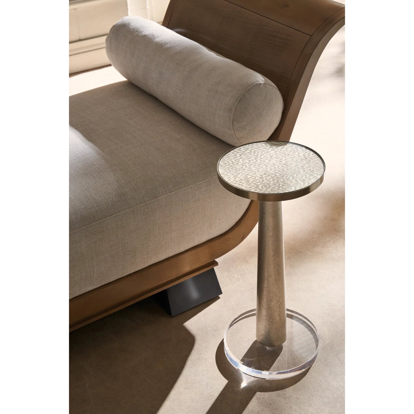 003 SI-2162906 | Lifestyle | Beyond Drink Table by Caracole in gold, acrylic and winter frost, brushed gold. Made from poplar, glass in a modern style.