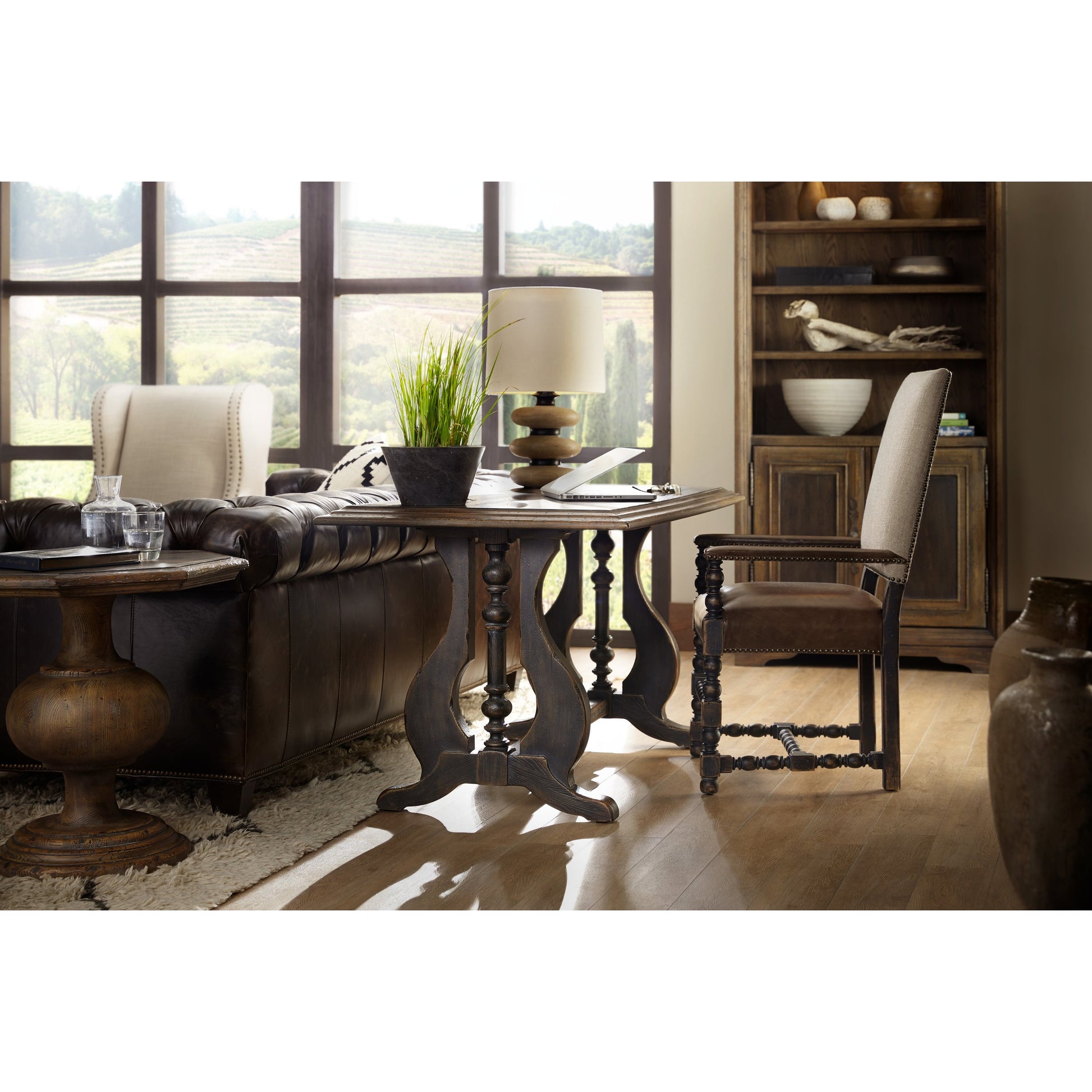 Mason End Table by Hooker Furniture in saddle brown. Made from white oak veneers, resin in a traditional style.