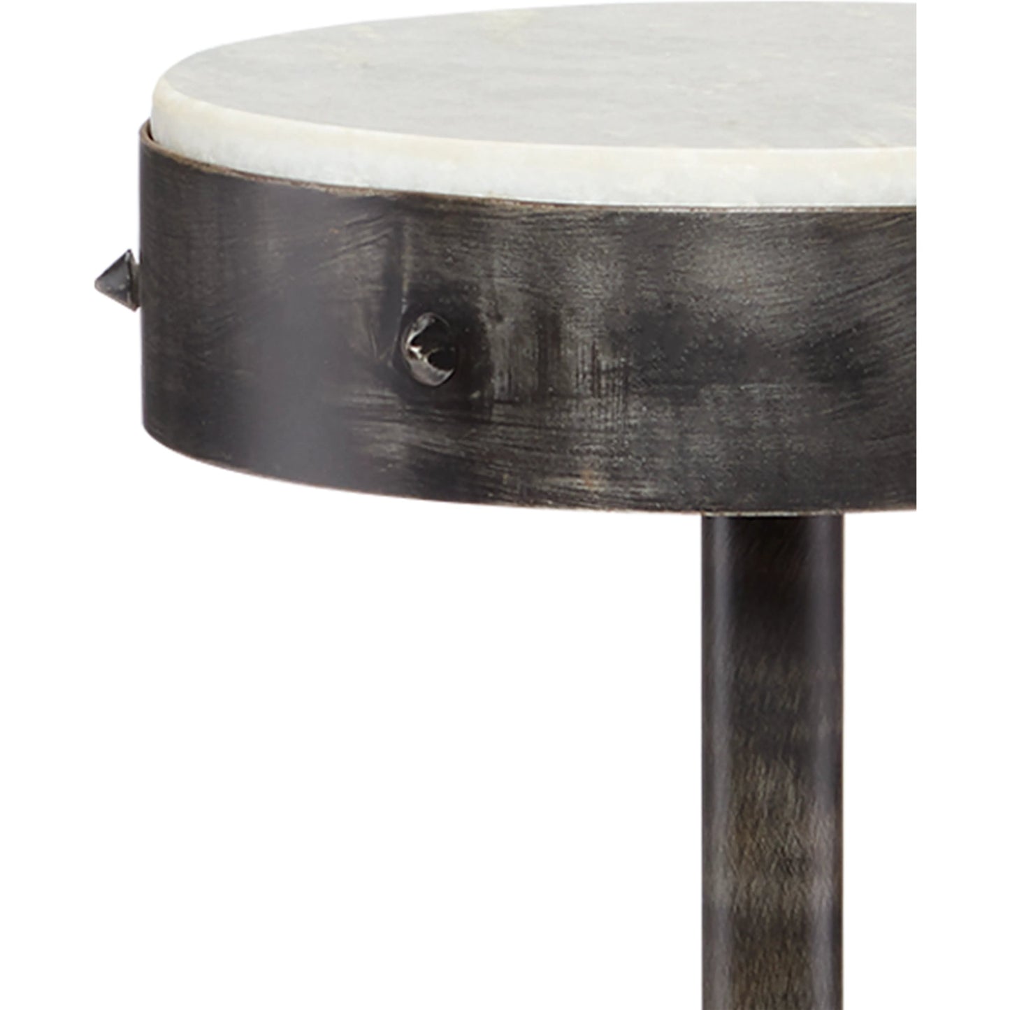 003 SI-1894346 | Closeup | Helios Drinks Table by Currey and Company in antique black, white. Made from wrought iron, marble in a transitional style.