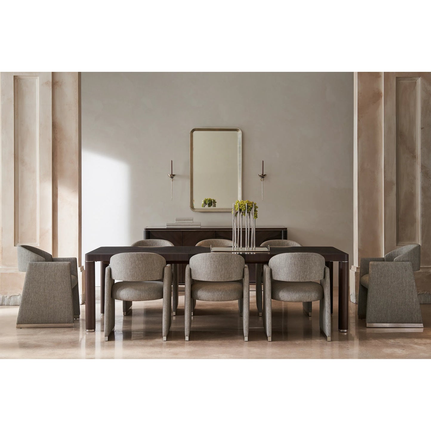 004 SI-2162884 | Lifestyle | Mirror Image Dining Table by Caracole in silver and otter, walrus, polished silver. Made from asian hardwood, dyed eucalyptus, dyed tupelo in a traditional style.