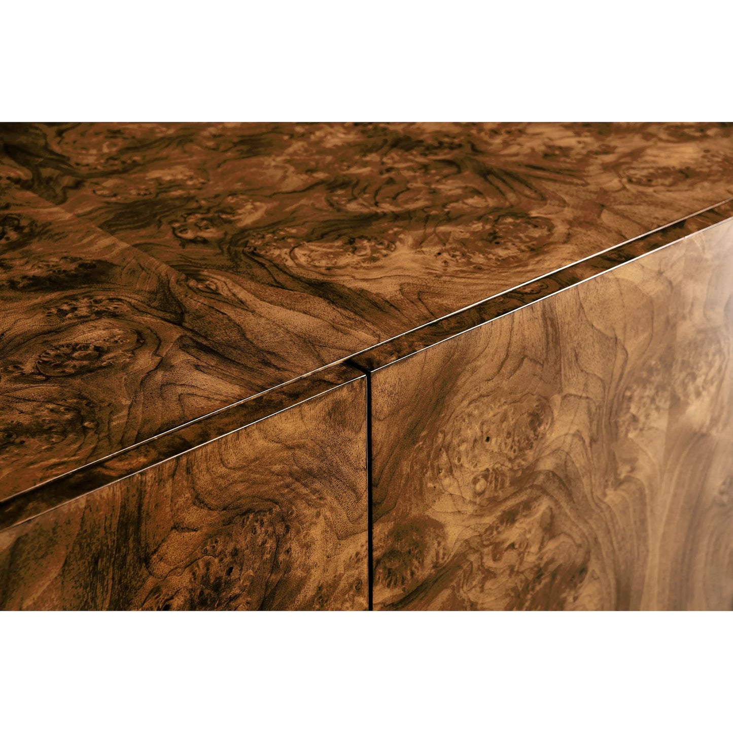 002 SI-2186352 | Closeup | Xo Sideboard by Jonathan Charles in brown and walnut burl, bronze. Made from walnut burl, stainless steel, brass in a modern style.