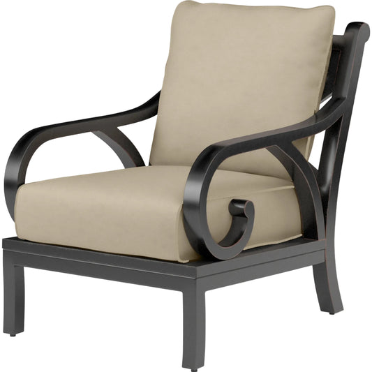 Monterey Outdoor Club Chair in Linen Stone w/ Selt Welt by Sunset West in coppers. Made from aluminum in a traditional style.