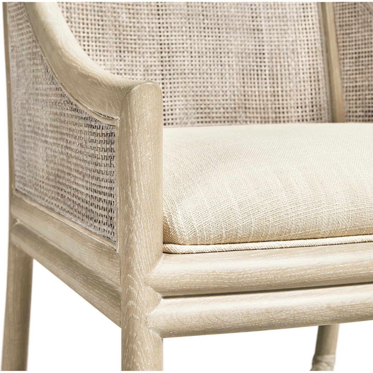 007 SI-2334496 | Closeup | Fjord Dining Chair by Jonathan Charles in white washed cerused oak. Made from oak solids, cane, rope, foam, fabric in a transitional style.