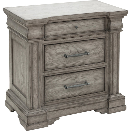 001 SI-2155613 | Primary Silo | Madison Ridge Nightstand by Pulaski Furniture in bluff grey. Made from asian hardwood, oak veneers in a traditional style.