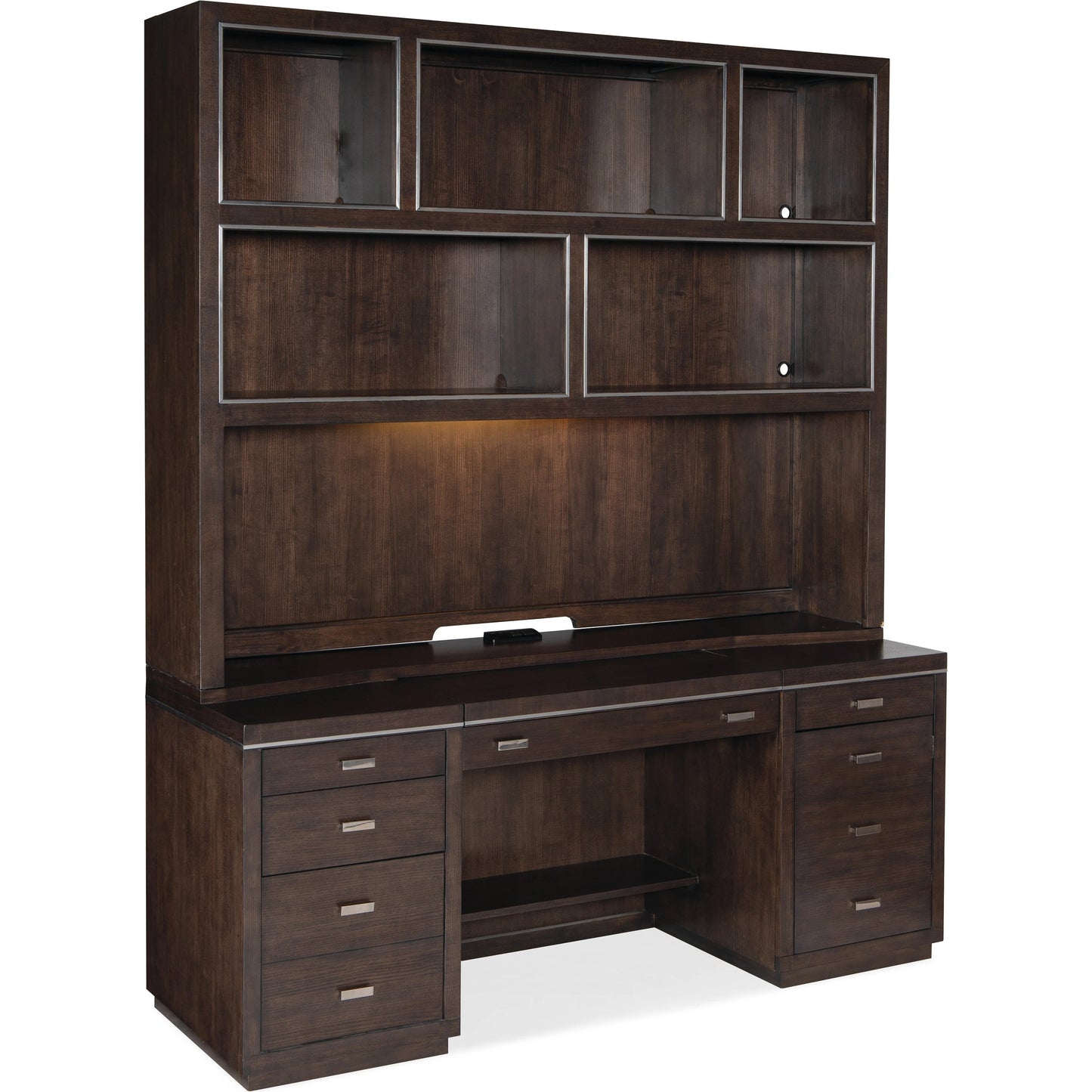 006 SI-1748971 | Additional Silo | House Blend Computer Credenza by Hooker Furniture in dark roast. Made from quartered ash veneers, metal in a unique style.