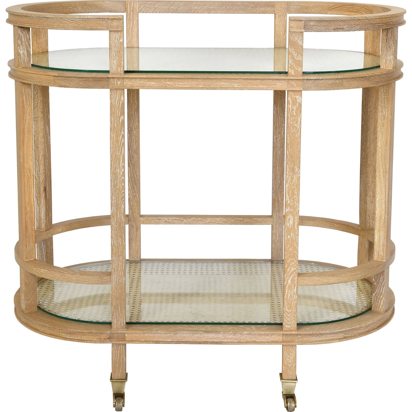 002 SI-1789892 | Additional Silo | Zaina Bar Cart by Worlds Away in cerused oak. Made from oak solids, caning, metal, glass in a coastal style.