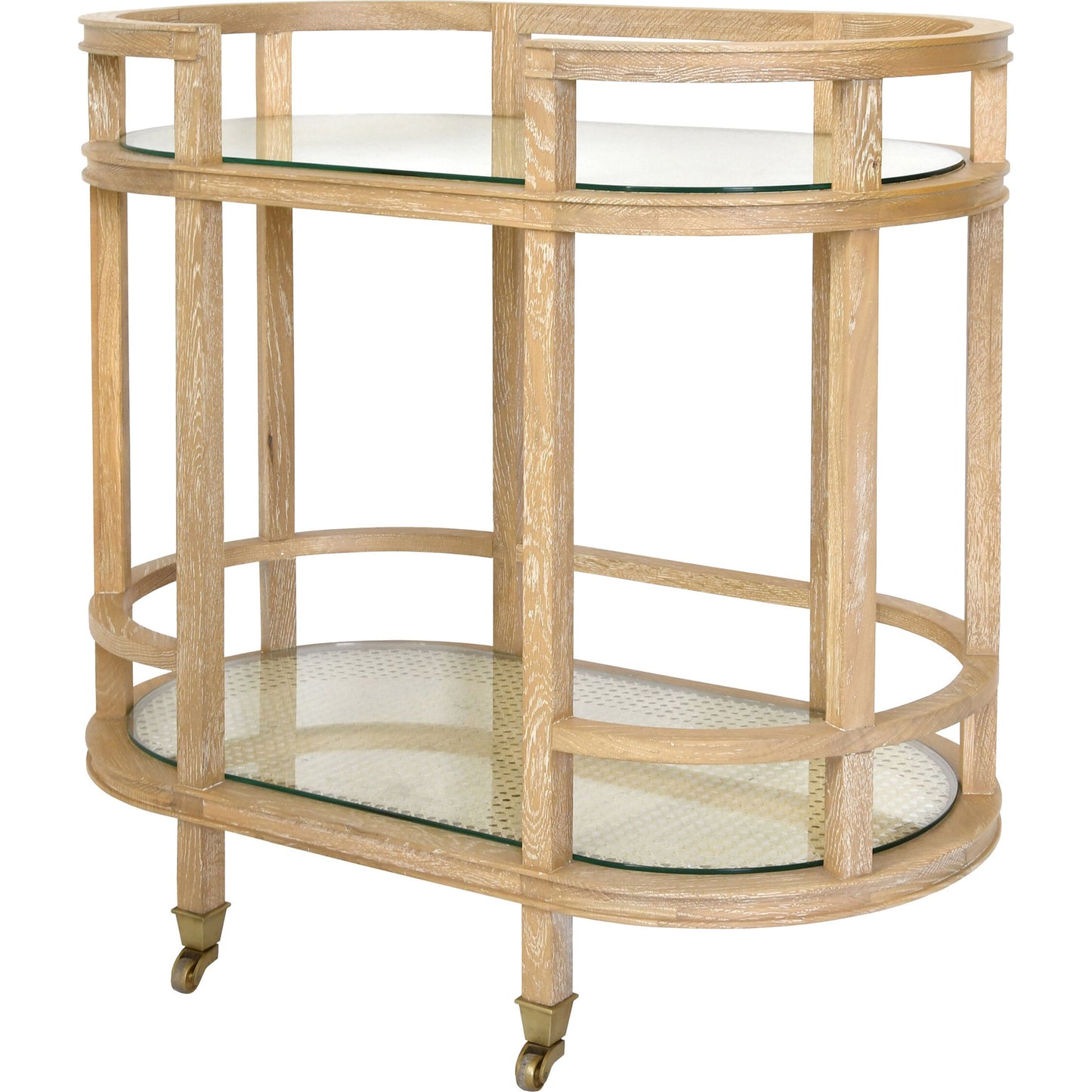 001 SI-1789892 | Additional Silo | Zaina Bar Cart by Worlds Away in cerused oak. Made from oak solids, caning, metal, glass in a coastal style.