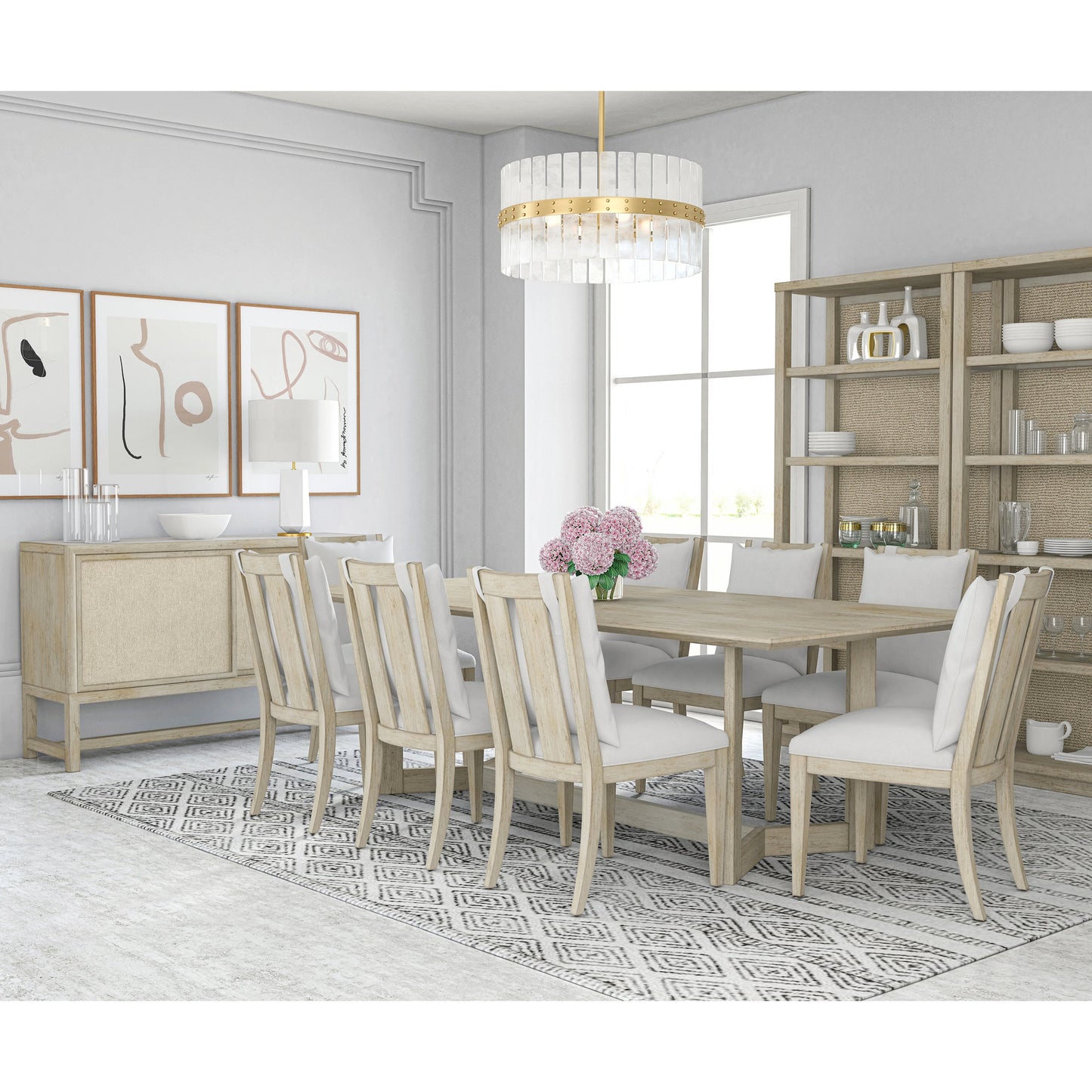 006 SI-2064984 | Lifestyle | Cotiere Rectangular Dining Table by A.R.T. Furniture in linen. Made from parawood solids, mixed split cathedral quarter-white oak veneer, terrazzo stone, metal in a modern style.