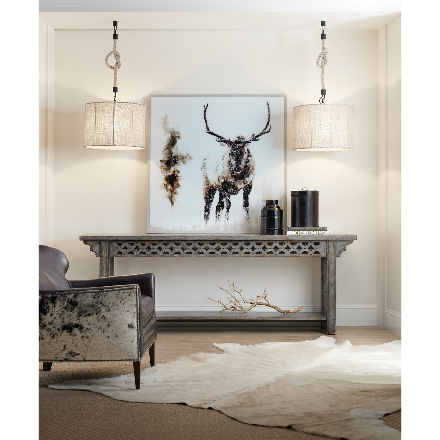 003 SI-1749037 | Lifestyle | La Grange Burnham Console by Hooker Furniture in blue bonnet. Made from pecky hickory veneers, nailheads, solid-wood edge top in a modern style.
