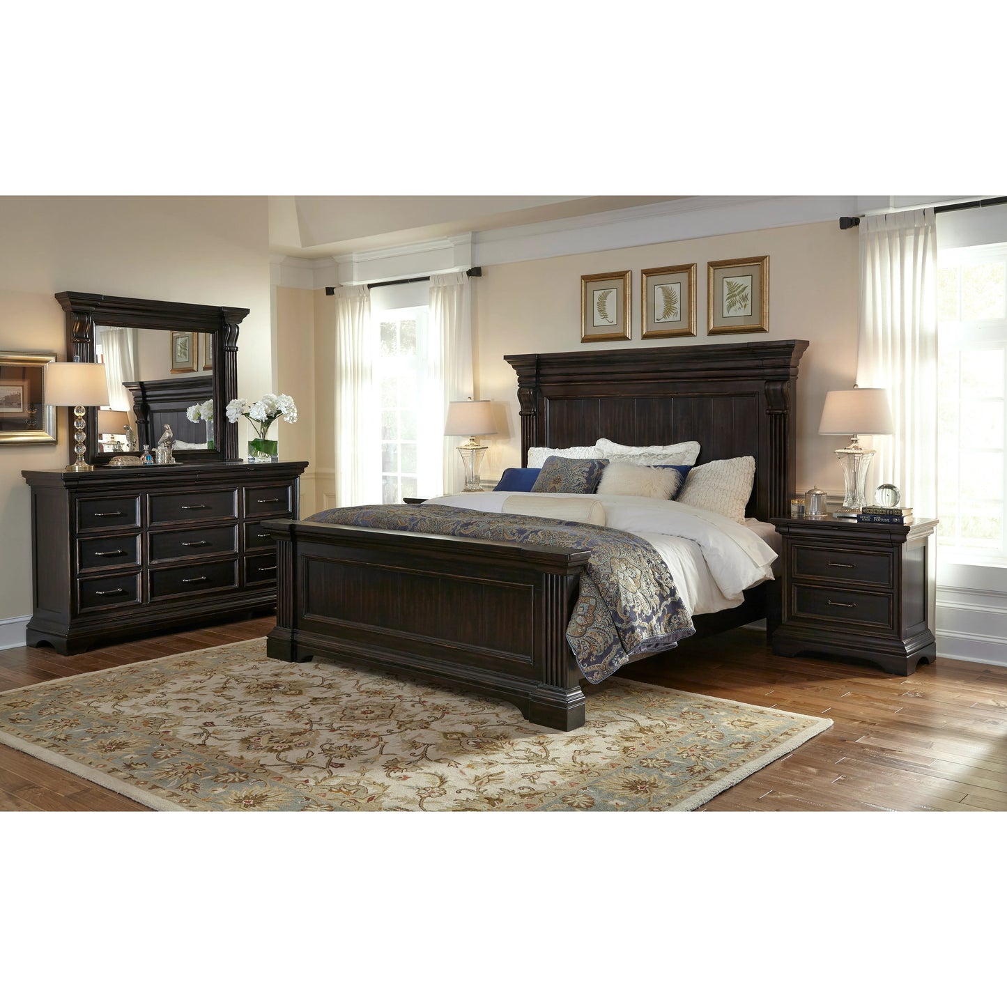 008 SI-2155446,SI-2155447,SI-2155448 | Lifestyle | Caldwell Bed by Pulaski Furniture in deep brown. Made from acacia veneers, asian hardwood in a traditional style.