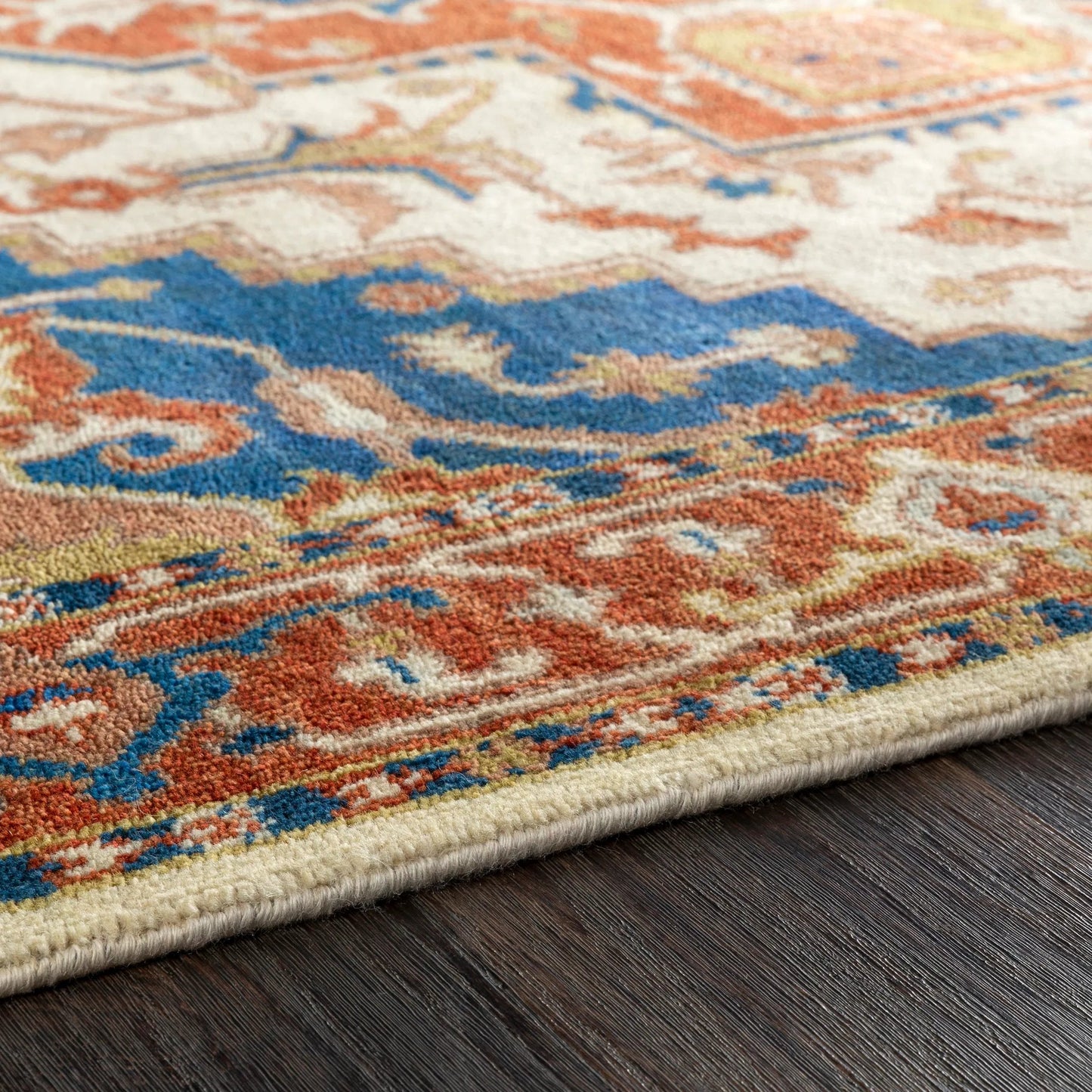 006 92346-9991,92346-9992 | Closeup | Zeus Rug - 21801 by Surya in burnt orange, blue, tan. Made from 100% wool in a unique style.