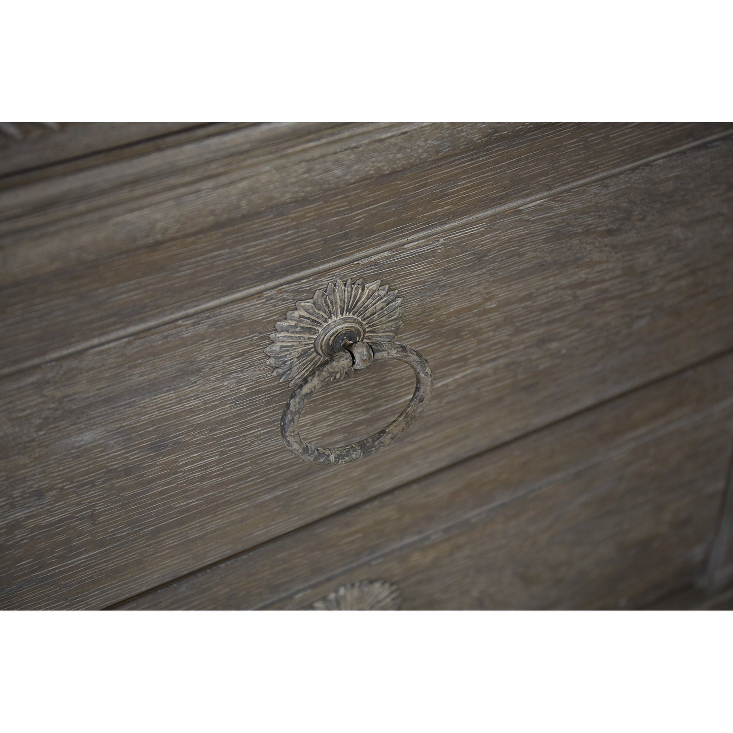 004 SR-882104 | Closeup | Summer Creek Light Keeper's Drawer Chest by A.R.T. Furniture in gray and scrubbed oak. Made from flakey cathedral oak veneer, parawood solids in a traditional style.