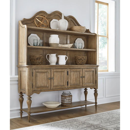Weston Hills Sideboard and Hutch by Pulaski Furniture in flax seed. Made from hardwood solids, hickory veneers in a traditional style.
