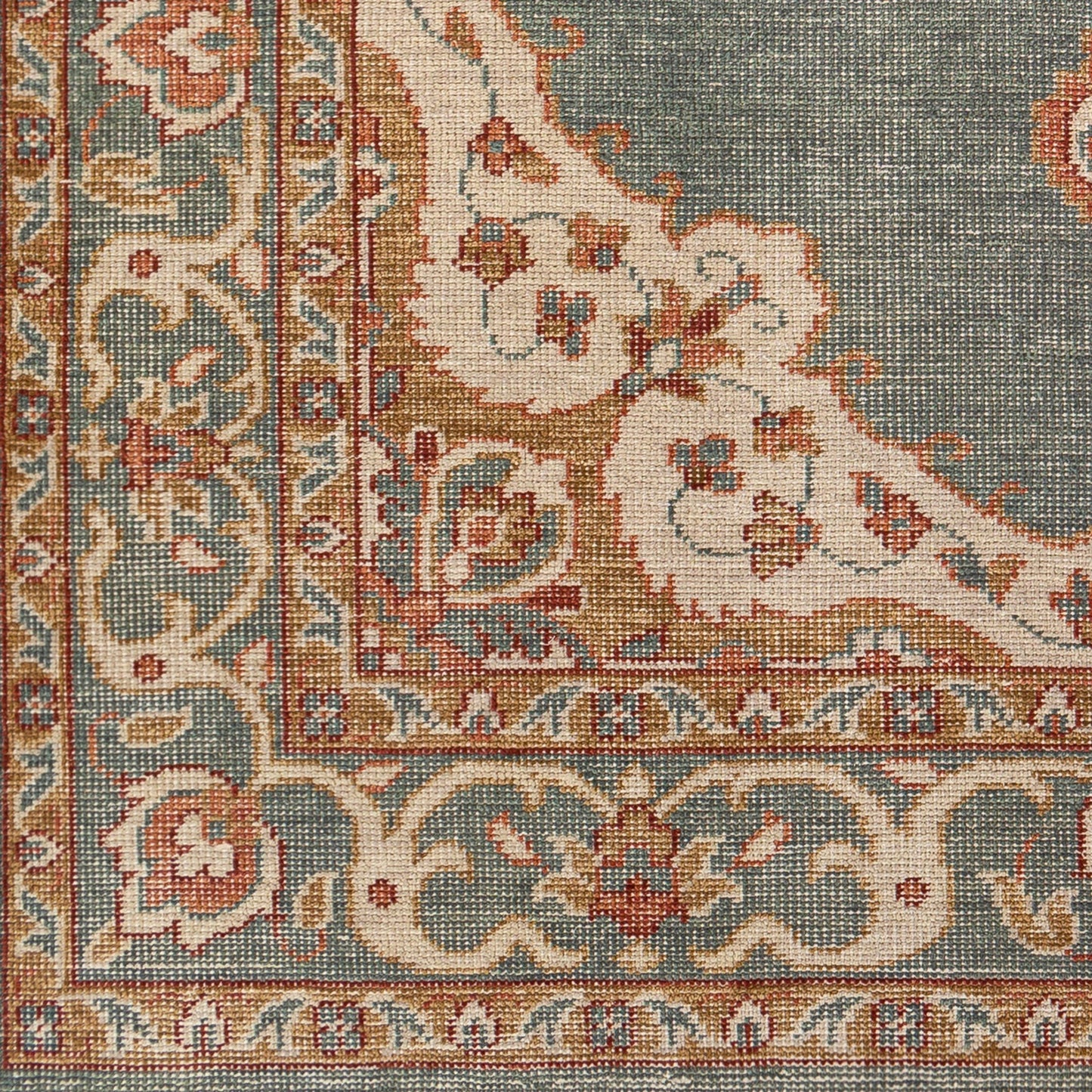 005 SI-1893671,SI-1893673,SI-1893675 | Closeup | Zahra Rug - 26205 by Surya in dusty sage, olive, rust, burnt orange, light beige. Made from 100% wool in a unique style.