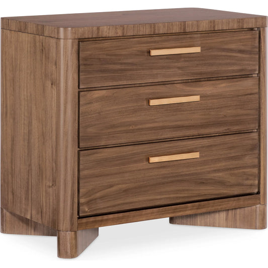 Eleana Three Drawer Nightstand by Hooker Furniture in light caramel, quartered walnut veneers, sunlit bronze metal. Made from walnut veneers in a modern style.