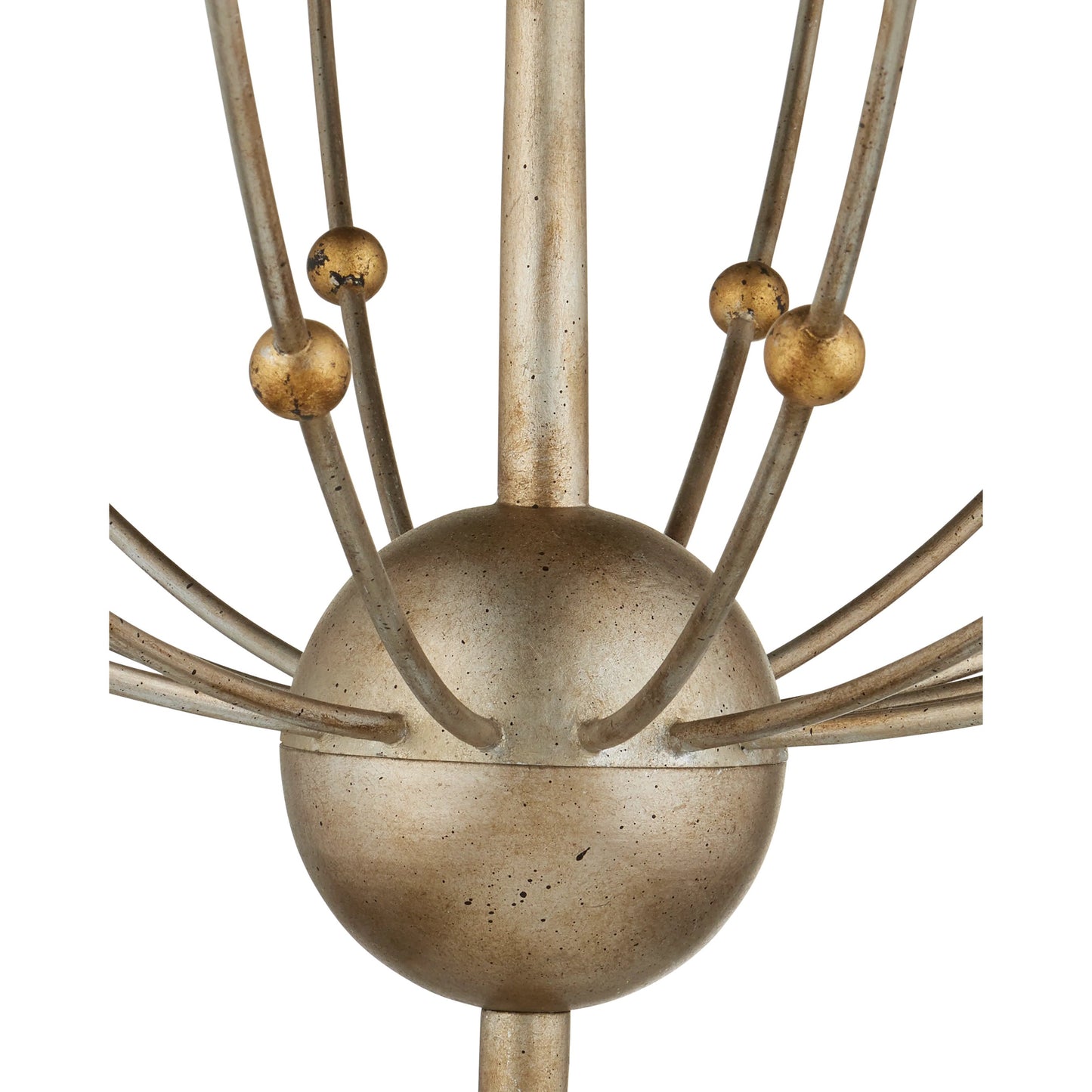 004 S-223745 | Closeup | Paradox Chandelier by Currey and Company in silver granello, gold leaf. Made from wrought iron in a modern style.
