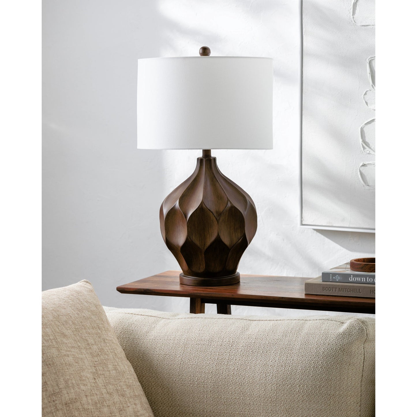 002 SI-2165561 | Lifestyle | Zealand Accent Table Lamp - 535860 by Surya in body: brown, base: brown, shade: white, finial: brown, harp: metallic - brass, cord: translucent and paintedpaintedpainted. Made from resin, linen in a modern style.