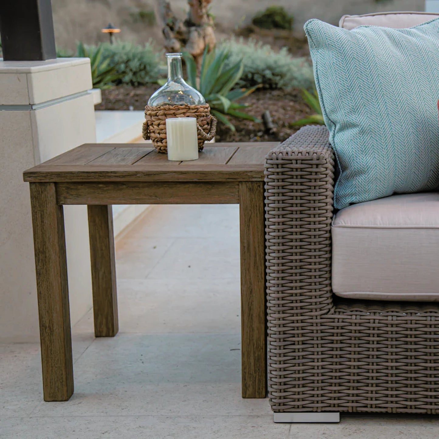 004 SI-2167228 | Lifestyle | Coastal Outdoor Teak End Table by Sunset West in teak. Made from teak in a modern style.